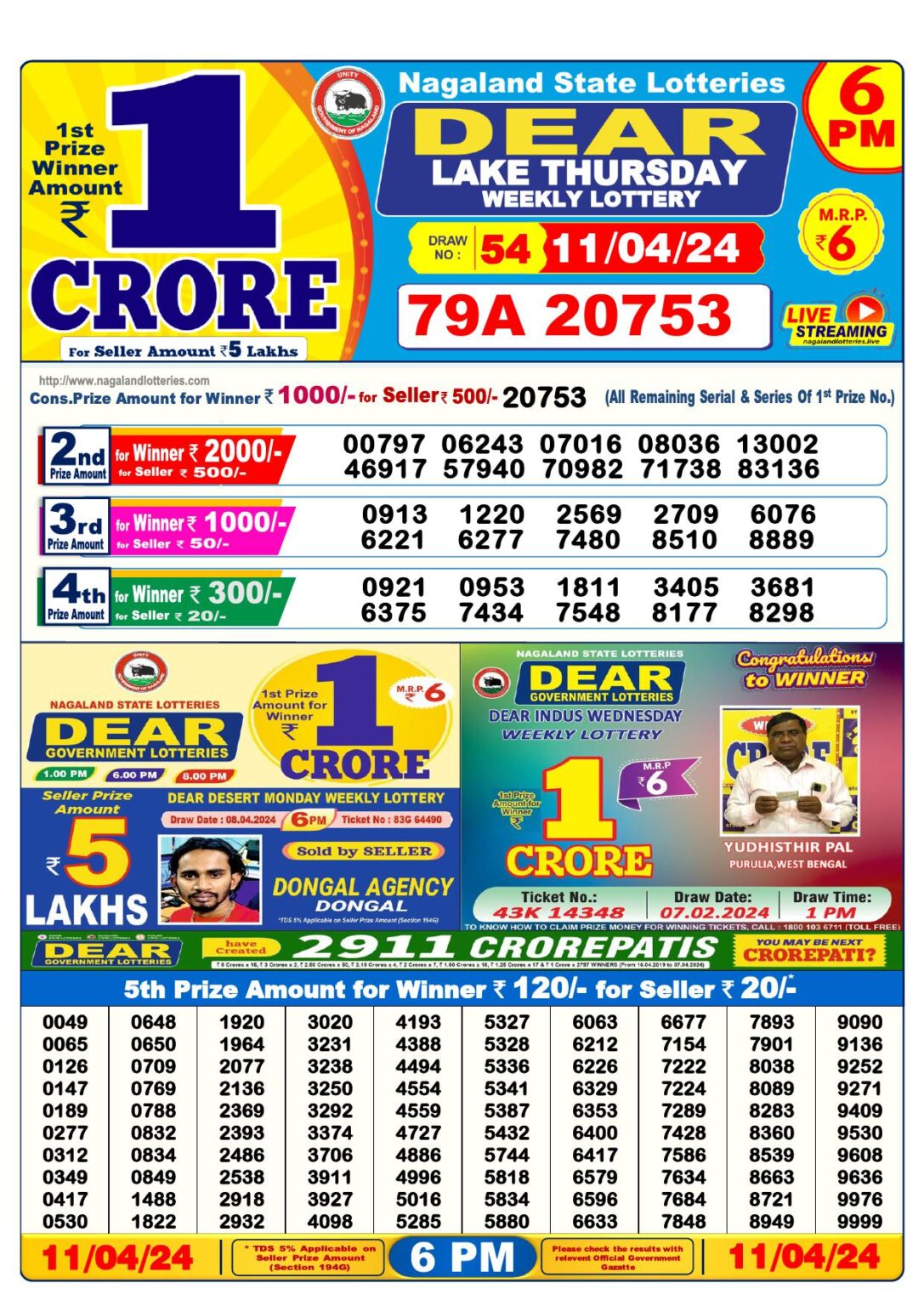 Dear lottery 6 PM Results 11.04.2024 Check Lottery Result Online