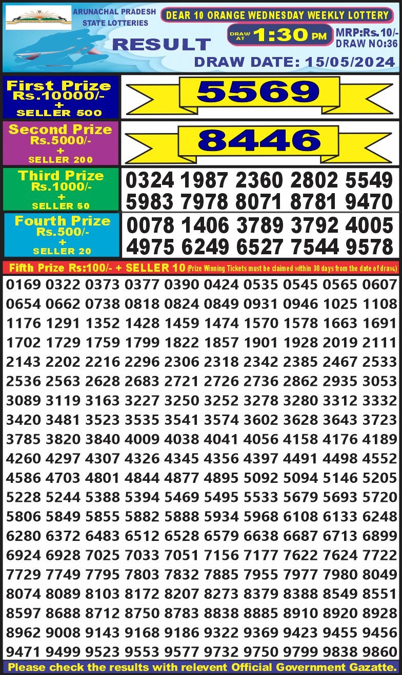 Dear 10 Wednesday lottery 01.30PM 15.05.2024 Check Lottery Result Online